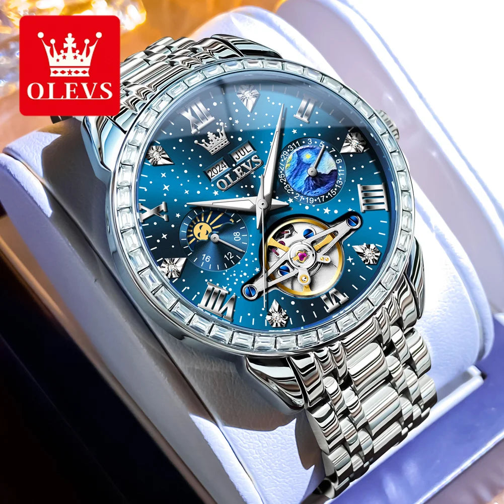 OLEVS Luxus Diamant Skelett Tourbillon Automatik Mechanische Uhr Herren Sternenhimmel Zifferblatt Mondphase Edelstahl Herrenuhr