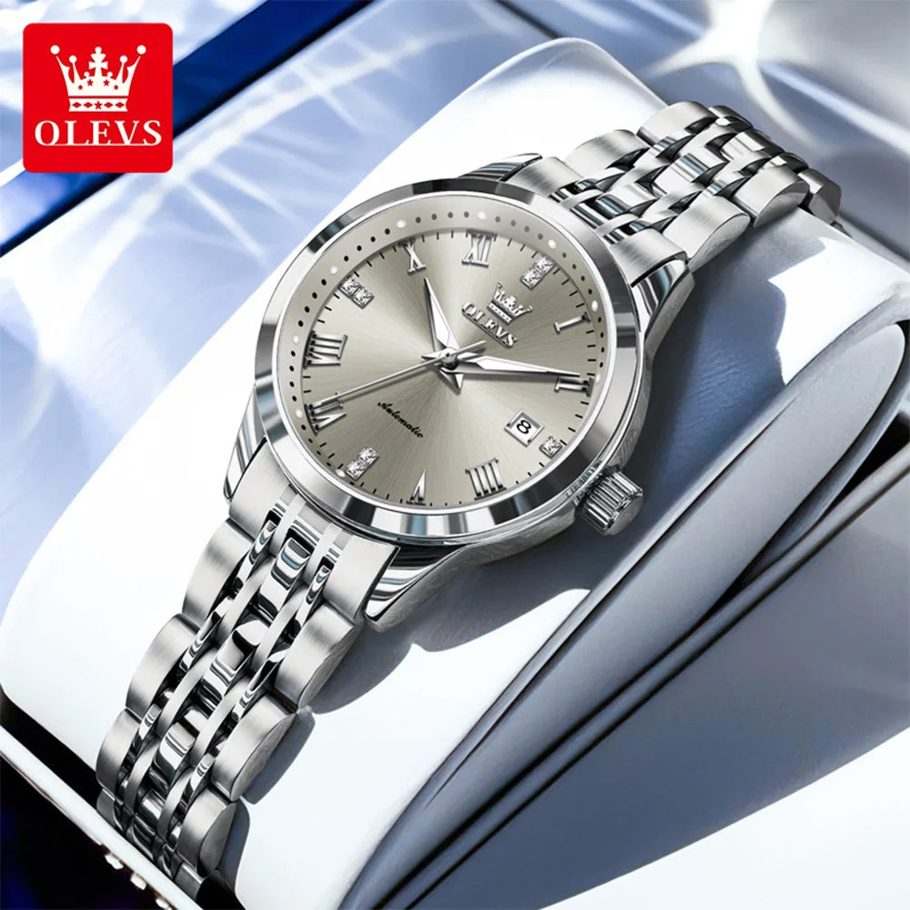 OLEVS 7062 Damenuhr Luxuriöse leuchtende wasserdichte Edelstahluhr mit automatischem Datum Mechanische Uhr für Damen mit römischen Ziffern