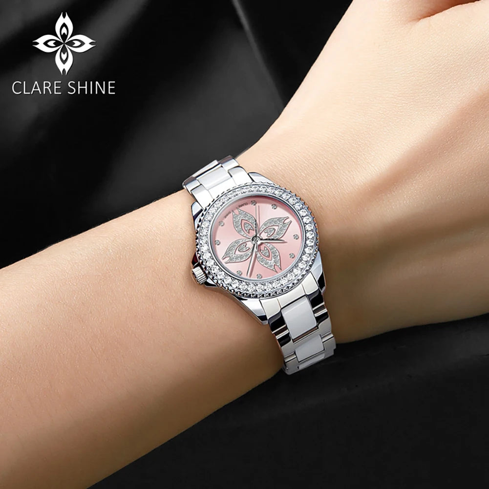 CLARE SHINE 1806 Kadın Saatleri Moda Zarif Seramik Kuvars Kol Saati Su Geçirmez Işıklı Lüks Bayan El Saati Markası