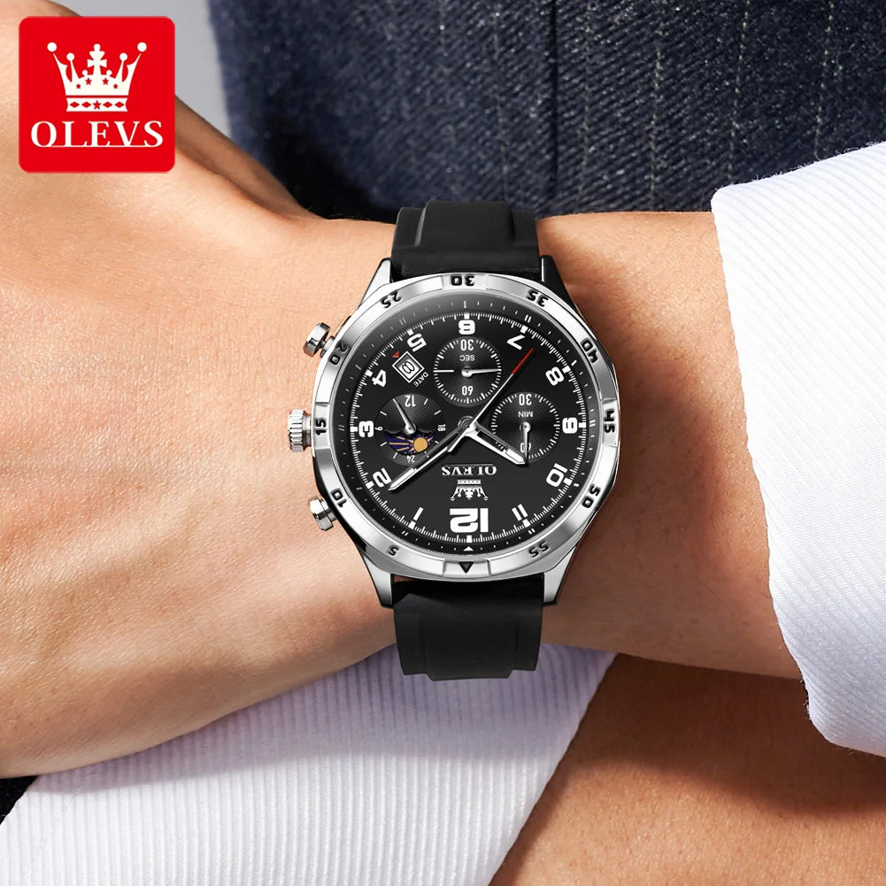 OLEVS 2986 Herrenuhr 42MM Mondphase Datum Quarzuhr für Herren Ziffernskala Wasserdichtes Silikonarmband Uhr Original