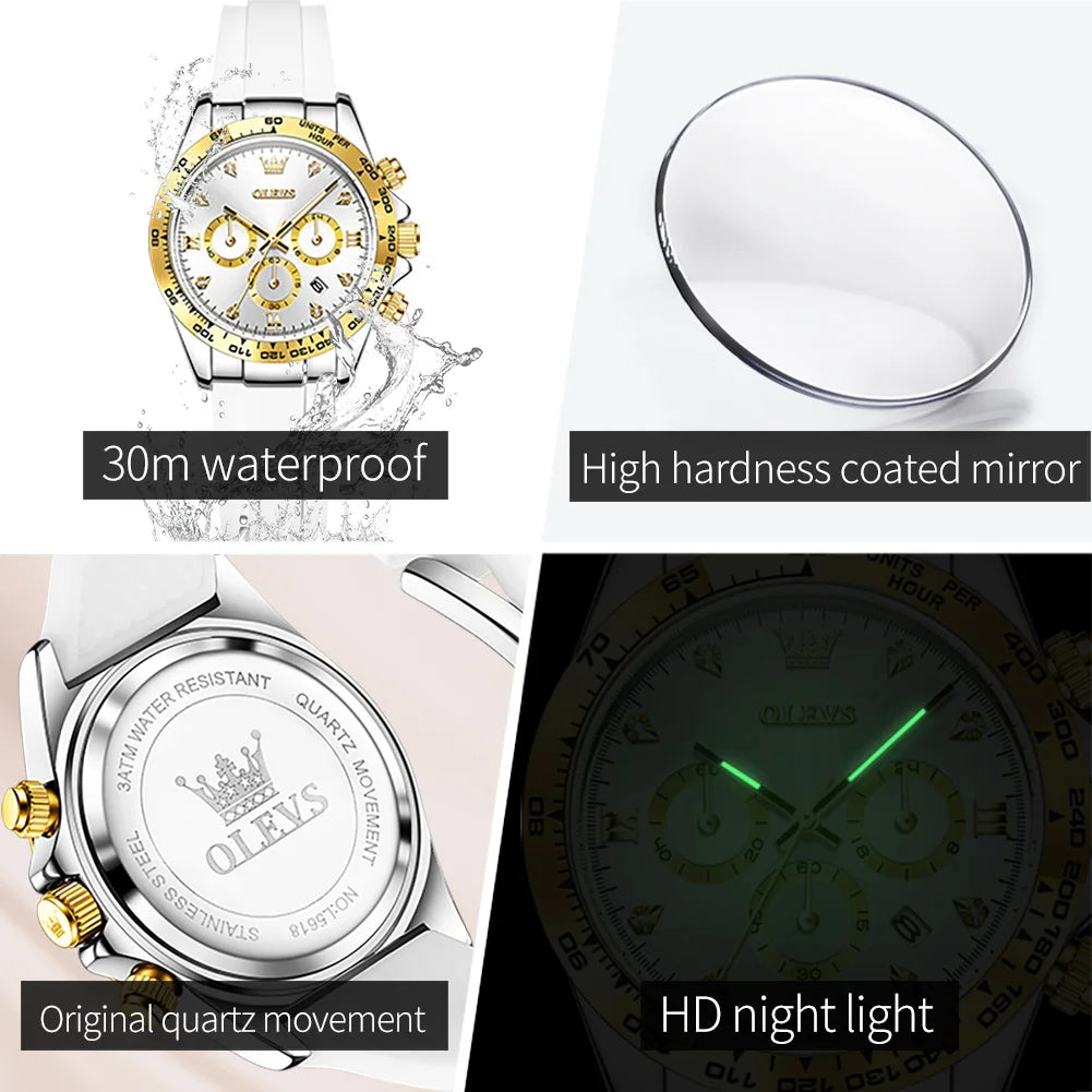 OLEVS 5618 Damenarmbanduhren Mode Kalender Quarzuhr für Damen Luxus Chronograph Wasserdichtes Silikonarmband Damenuhr