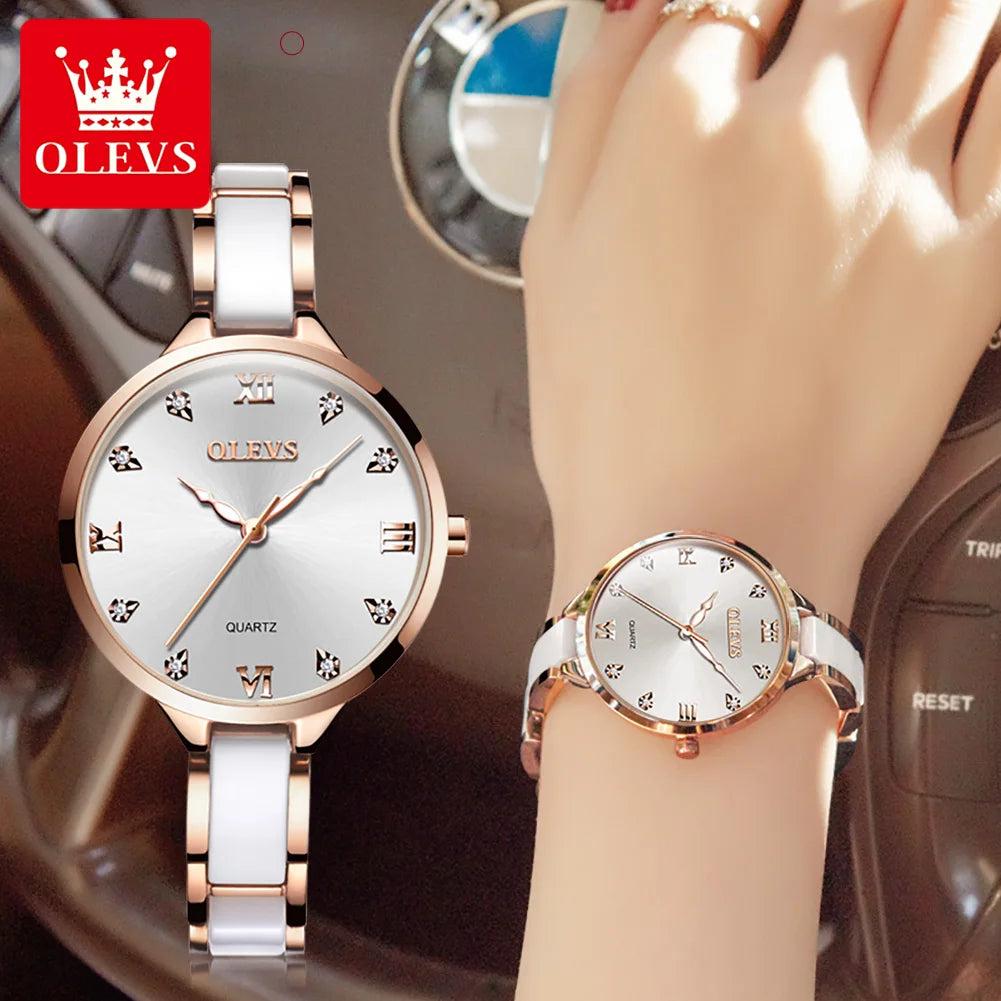 OLEVS 5872 Damenarmbanduhr Mode Elegante Quarzuhr für Frauen Keramik-Edelstahlarmband Wasserdichte Damenuhr Reloj