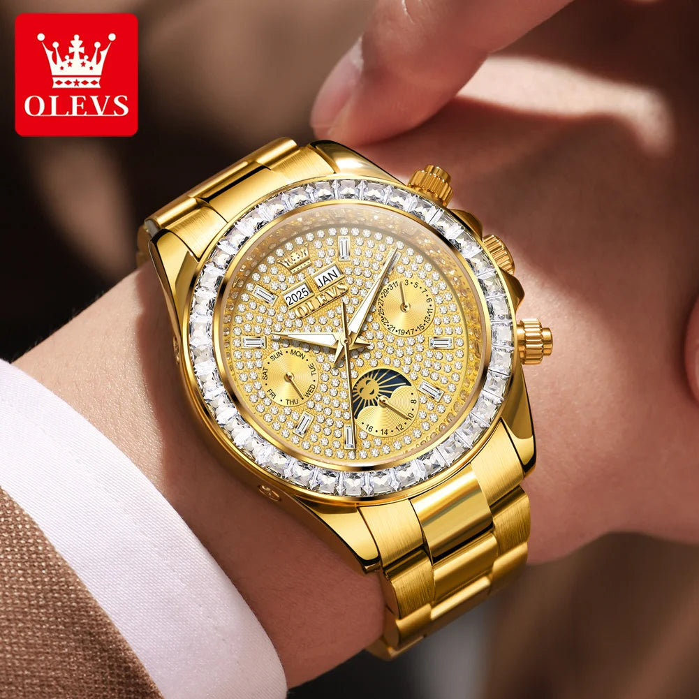 OLEVS 7038 Luxuriöse Diamant-Automatik-Herrenuhr mit Mondphase, Datumsanzeige, 30 m wasserdicht, Edelstahl-Herrenarmbanduhr