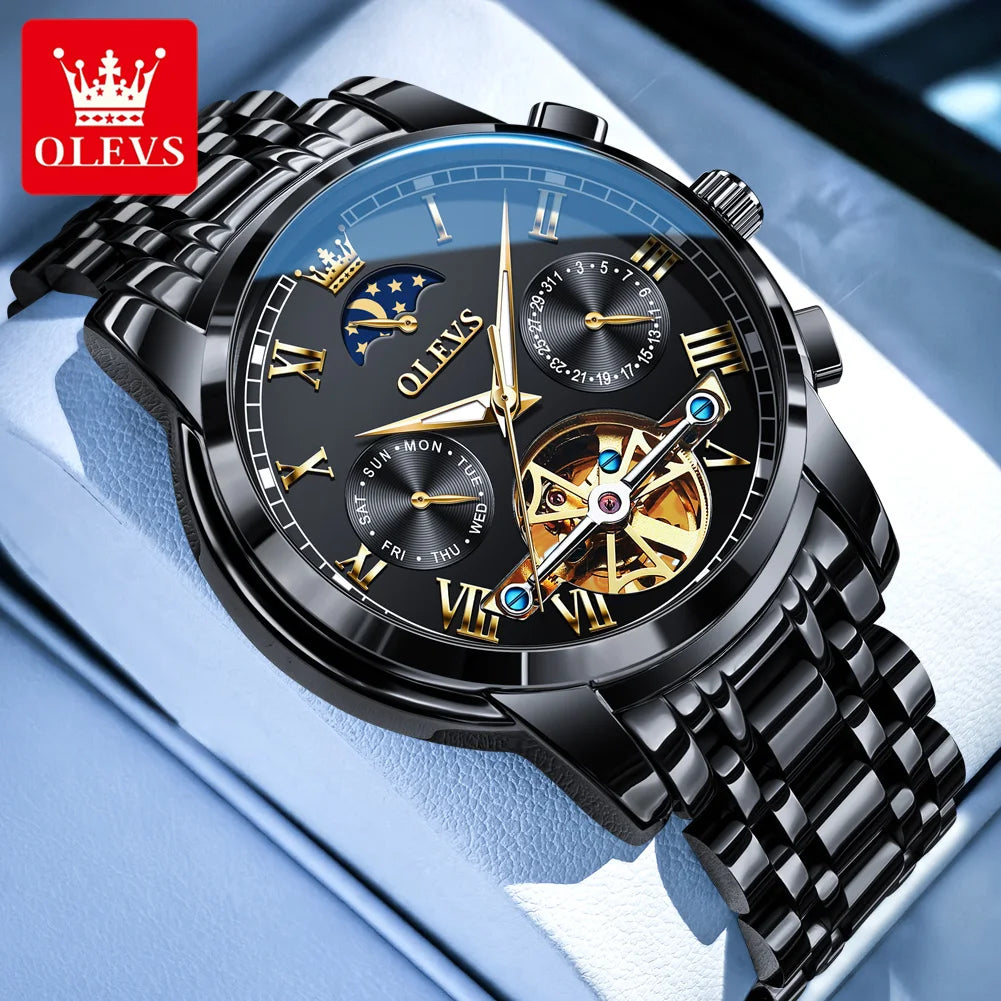 OLEVS Herrenuhren Mondphase Luxus-Edelstahl-Schwungrad Mechanische Handuhr Datum Wasserdicht Leuchtende Herrenuhr 6617