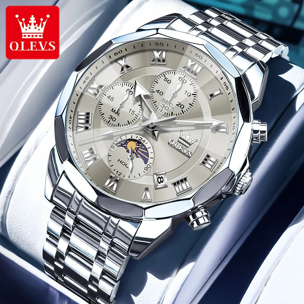 OLEVS 3675 Watch For Men Roman Scale Luxury Rhombus Mirror Chronograph Man Hand Clock Moon Phase Date Waterproof Quartz Watches