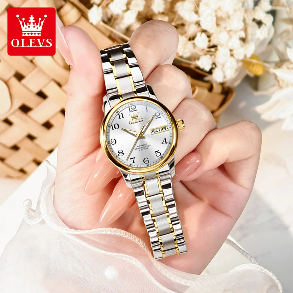OLEVS 7072 Damenuhr Automatik Datum Einfache Mechanische Uhr für Frauen Ziffernskala Top-Marke Wasserdichte Automatische Handuhr