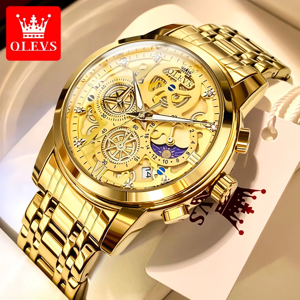 OLEVS 9947 Original Klassische Skelett Quarzuhren für Herren Marke Wasserdichte Edelstahl Kalender Herren Armbanduhr