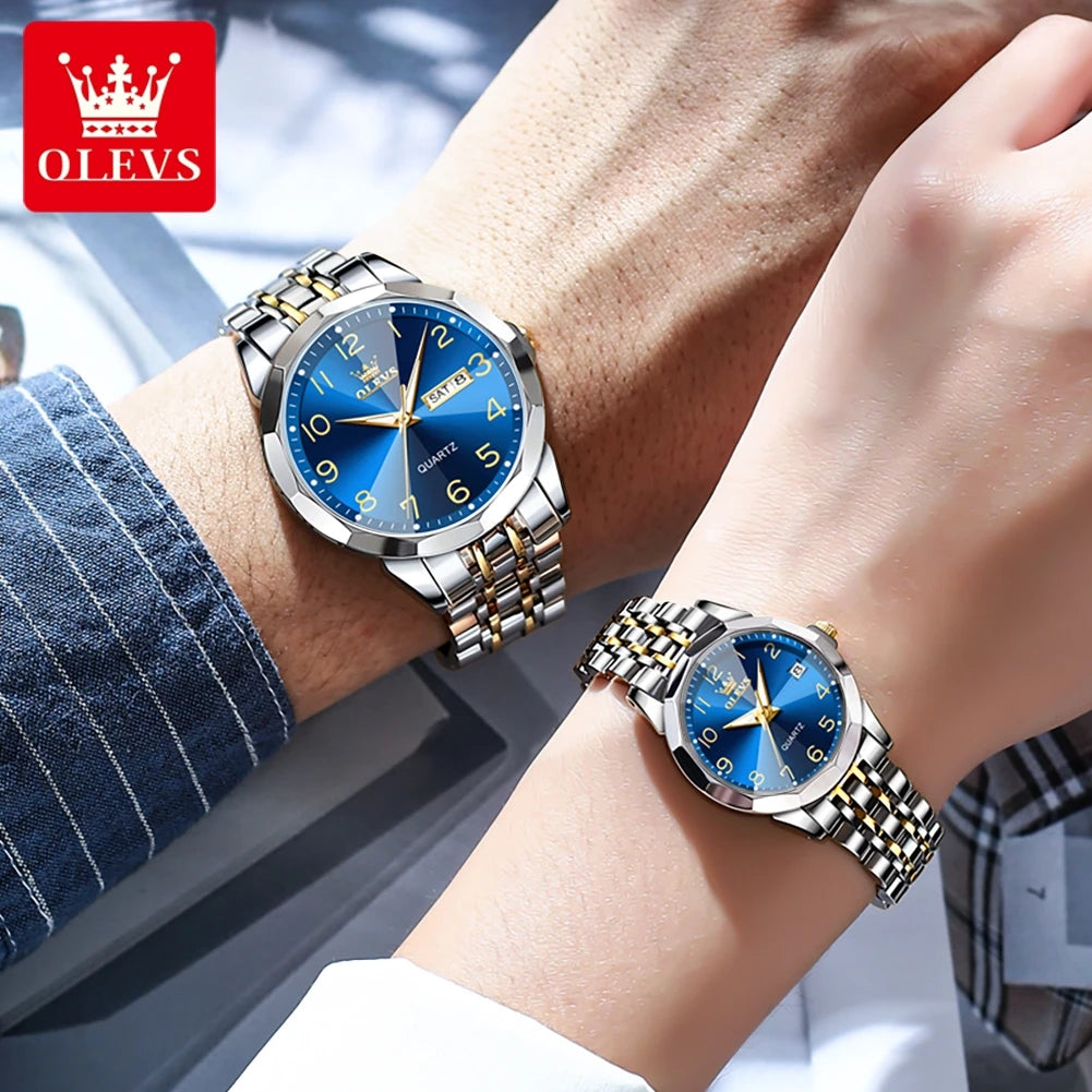 OLEVS 9970 Paar-Armbanduhr für Herren und Damen, luxuriöses Zifferblatt, Rhombus-Spiegel, Quarz-Handuhr, Edelstahl, originale Kleideruhren