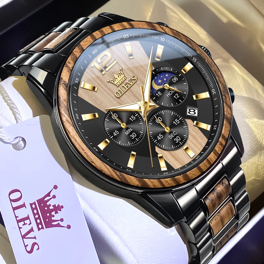 OLEVS 3645 Quartz Watch For Men Fashion Chronograph Steel Wood 44mm Big Dial Hand Clock Moon Phase Waterproof Luminous Man Watch