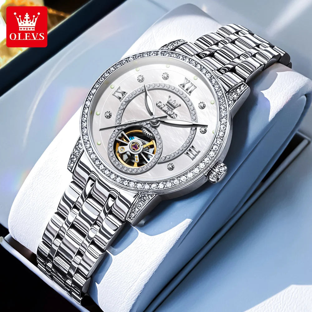 OLEVS Hohl Original Mechanische Uhren Für Frauen Diamant Luxus Automatische Handuhr Wasserdicht Elegante Damenkleideruhren