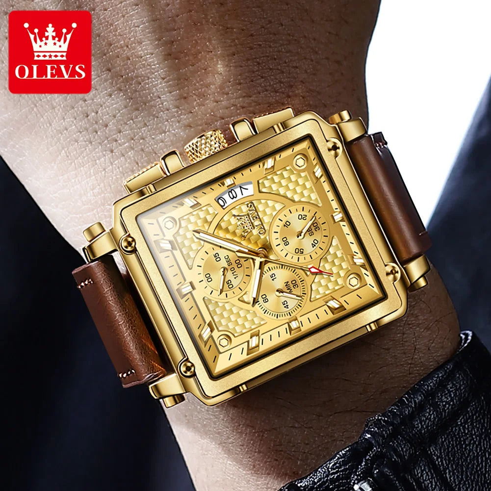 OLEVS Uhr Lässige Mode Quadratische Quarzuhr für Herren Wasserdichte Leuchtende Lederarmband Datumsanzeige Herrenuhr Topseller 9925