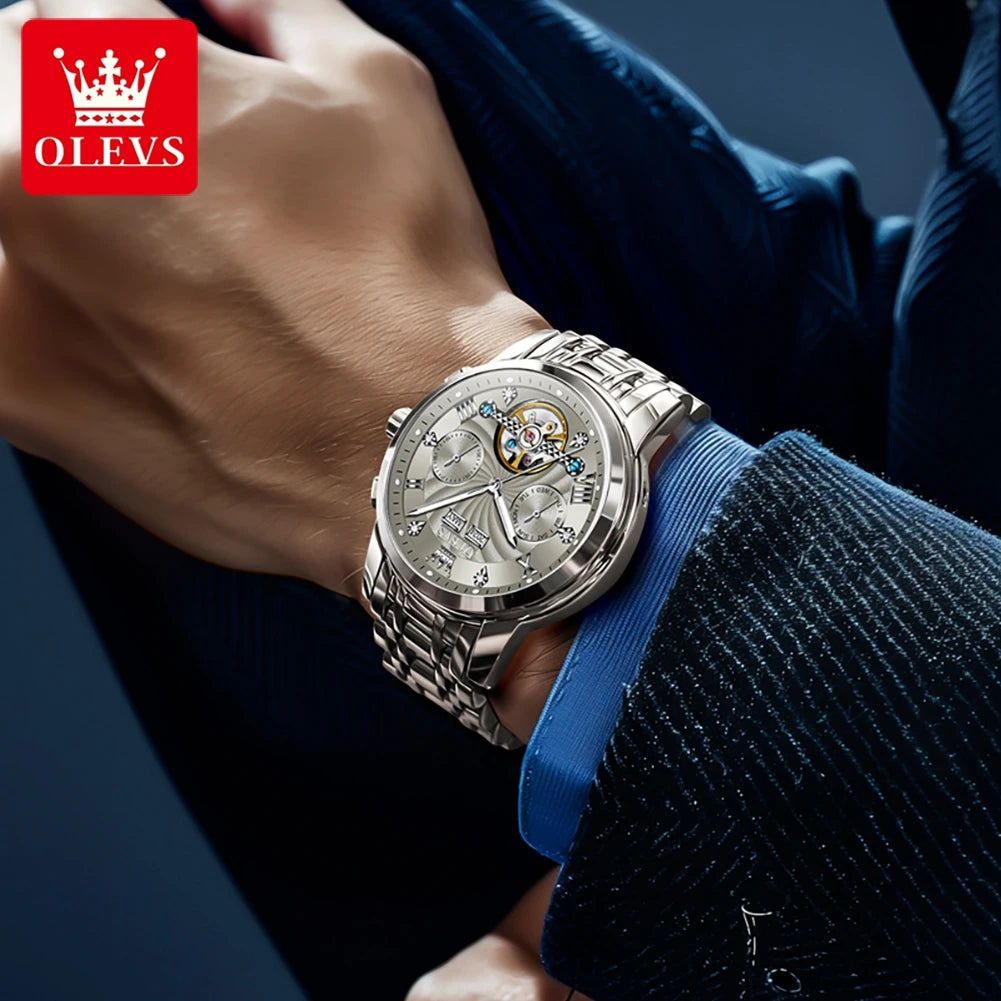 OLEVS 7088 Herrenuhr Mode Kalender Mechanische Uhr für Herren Original Hohl-Stahlarmband Business Armbanduhr Tief Wasserdicht