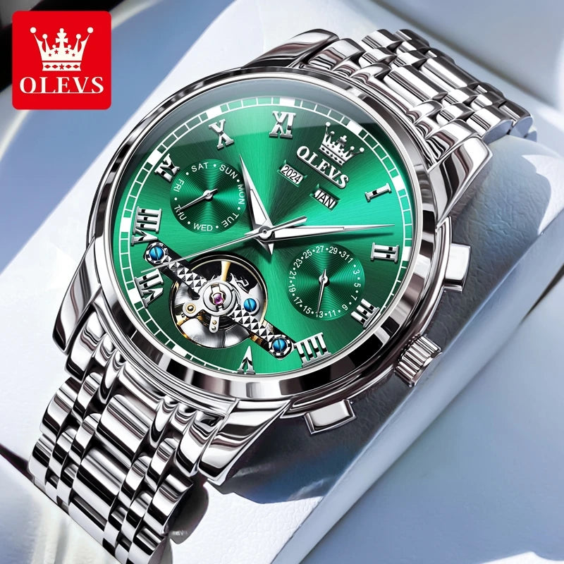 OLEVS Uhren für Herren Luxus-Edelstahl-Schwungrad-Automatik-Uhr Handuhr Woche Datum Wasserdicht Leuchtende Herrenuhr 6607