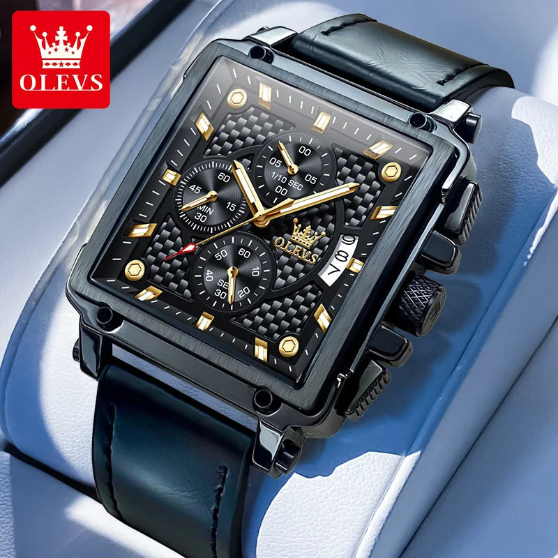 OLEVS Uhr Lässige Mode Quadratische Quarzuhr für Herren Wasserdichte Leuchtende Lederarmband Datumsanzeige Herrenuhr Topseller 9925