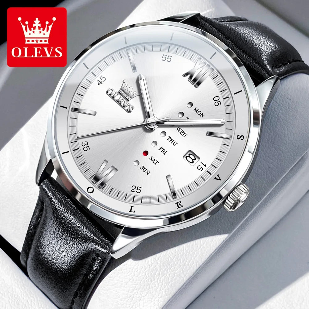 OLEVS Herrenuhren Schlichte Quarz-Kleid-Wochen-Datumsanzeige Für Herren Wasserdicht Leuchtendes Leder Business-Herrenuhr 2931