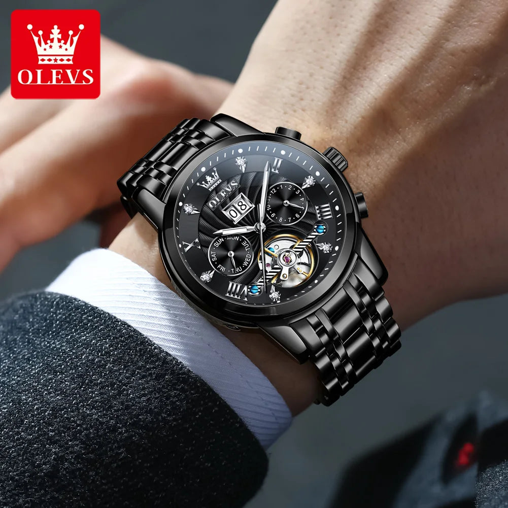 OLEVS 9910 Herrenuhr Luxus Business Mechanische Uhr für Herren Hohl Roman Skala Wasserdicht Leuchtender Kalender Herren-Armbanduhr