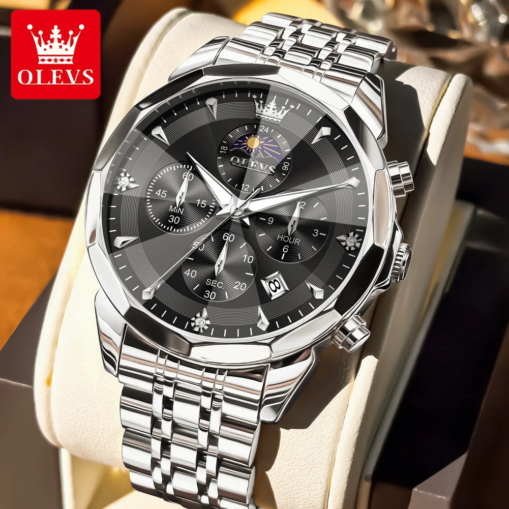 OLEVS 3673 Man Watch Fashion Chronograph Quartz Watch For Men 43mm Big Dial Moon Phase Calendar Waterproof Original Hand Clock