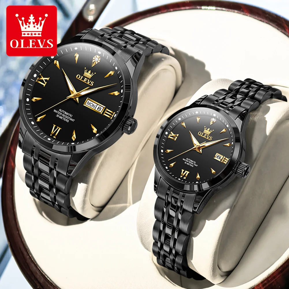 OLEVS 9956 Uhren für Paare Automatische Mechanische Uhren Dual-Kalender Original Edelstahl Zeigeruhr Wasserdicht 9956