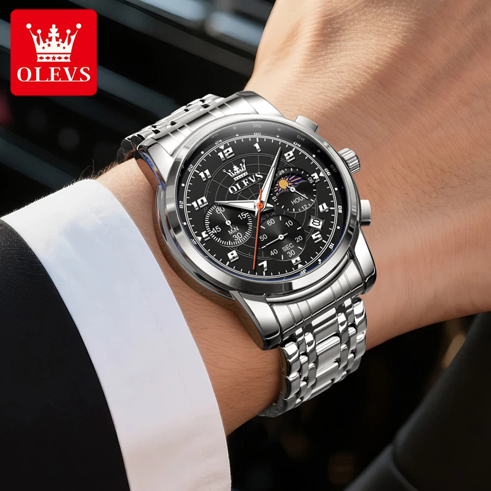 OLEVS Herrenuhren Business Original Multifunktions-Quarzuhr Wasserdicht Leuchtende Mondphase Herrenuhr Reloj 2983