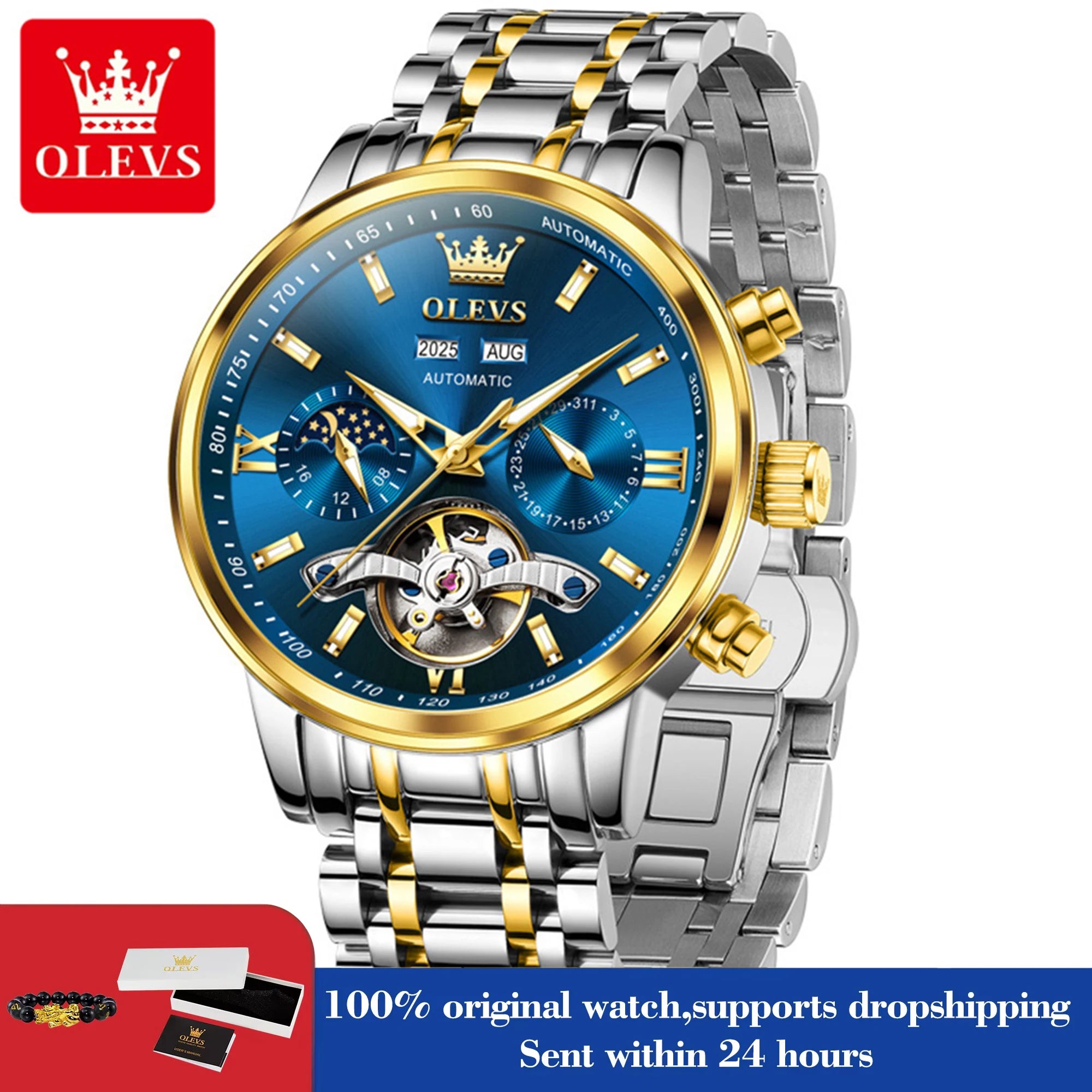 OLEVS Original Mondphasen-Uhren für Herren Schwungrad Automatische Mechanische Armbanduhr Wasserdicht Leuchtende Herrenuhren Geschenke 6740