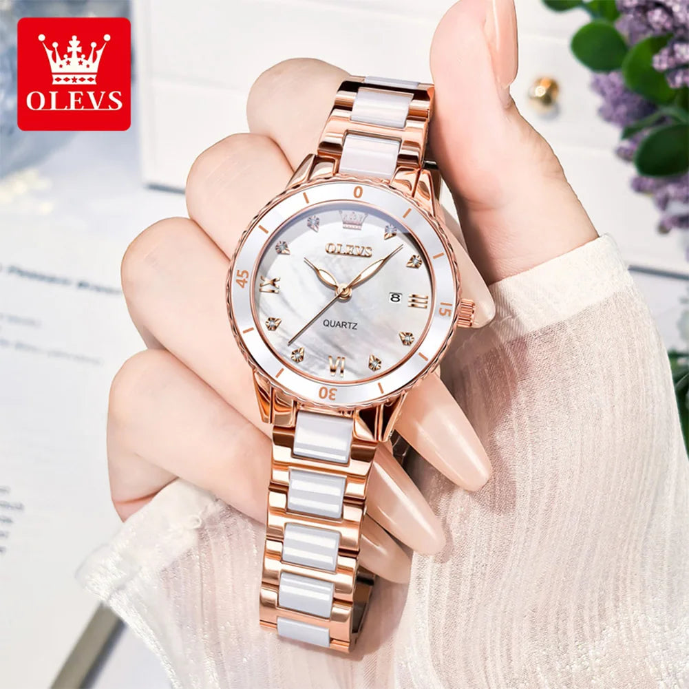 OLEVS 9985 Damenuhr Keramik Armband Mode Datum Quarzuhr für Damen Top Marke Wasserdicht Elegante Damenuhr