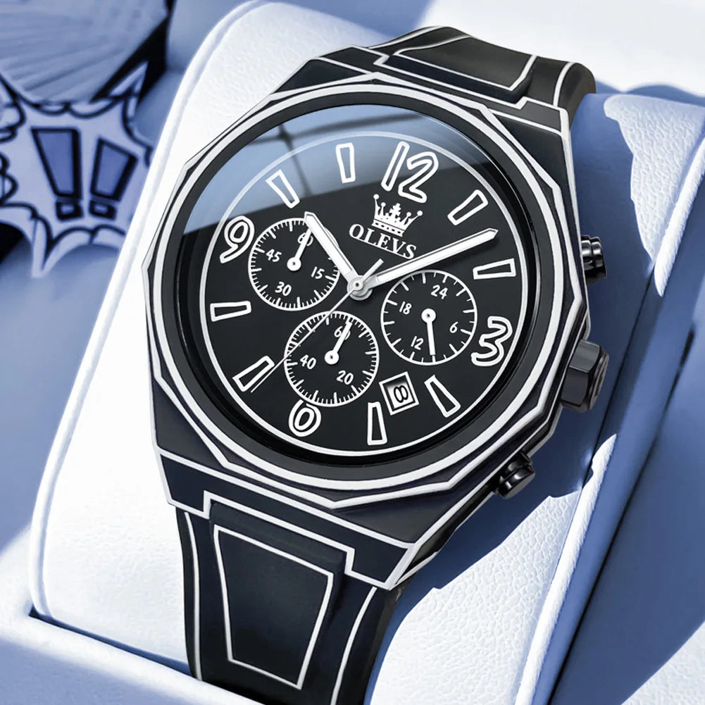 OLEVS 5622 Comic Style Quartz Watch For Men Chronograph Waterproof Luminous Hand Clock Number Scale Date Silicone Man Watches