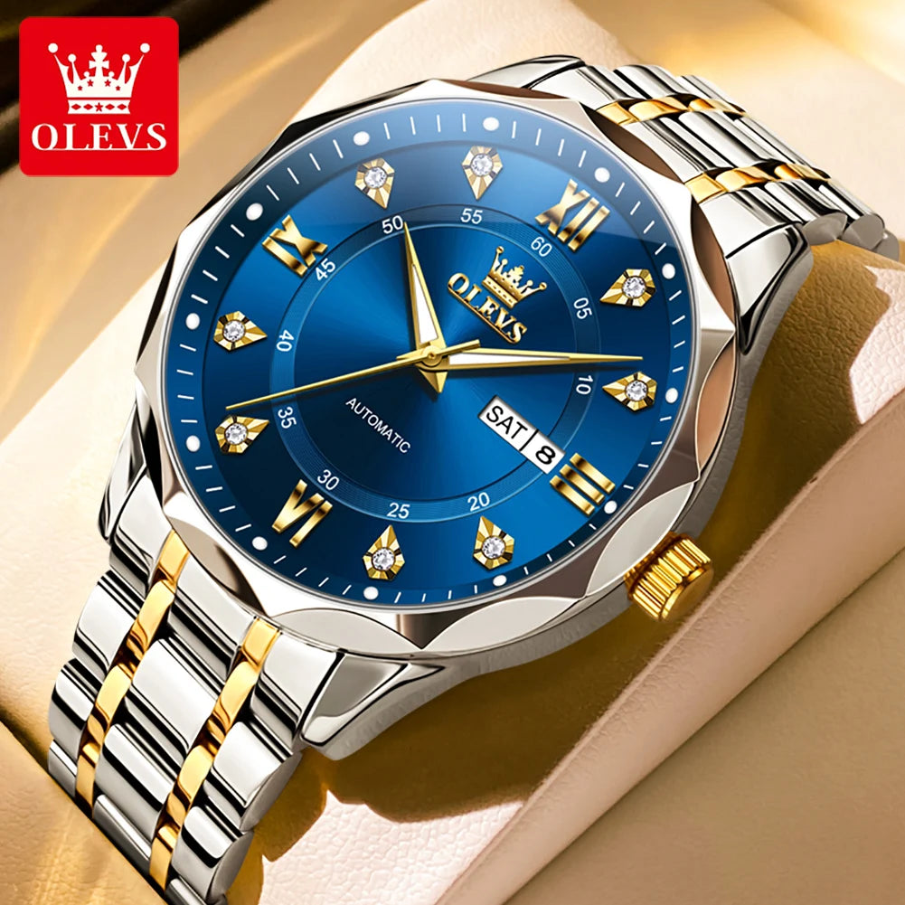 OLEVS 6727 Herren Automatikuhr Luxus Dual Kalender Mechanische Armbanduhr für Herren Zirkonskala Edelstahlarmband Wasserdichte Herrenuhr