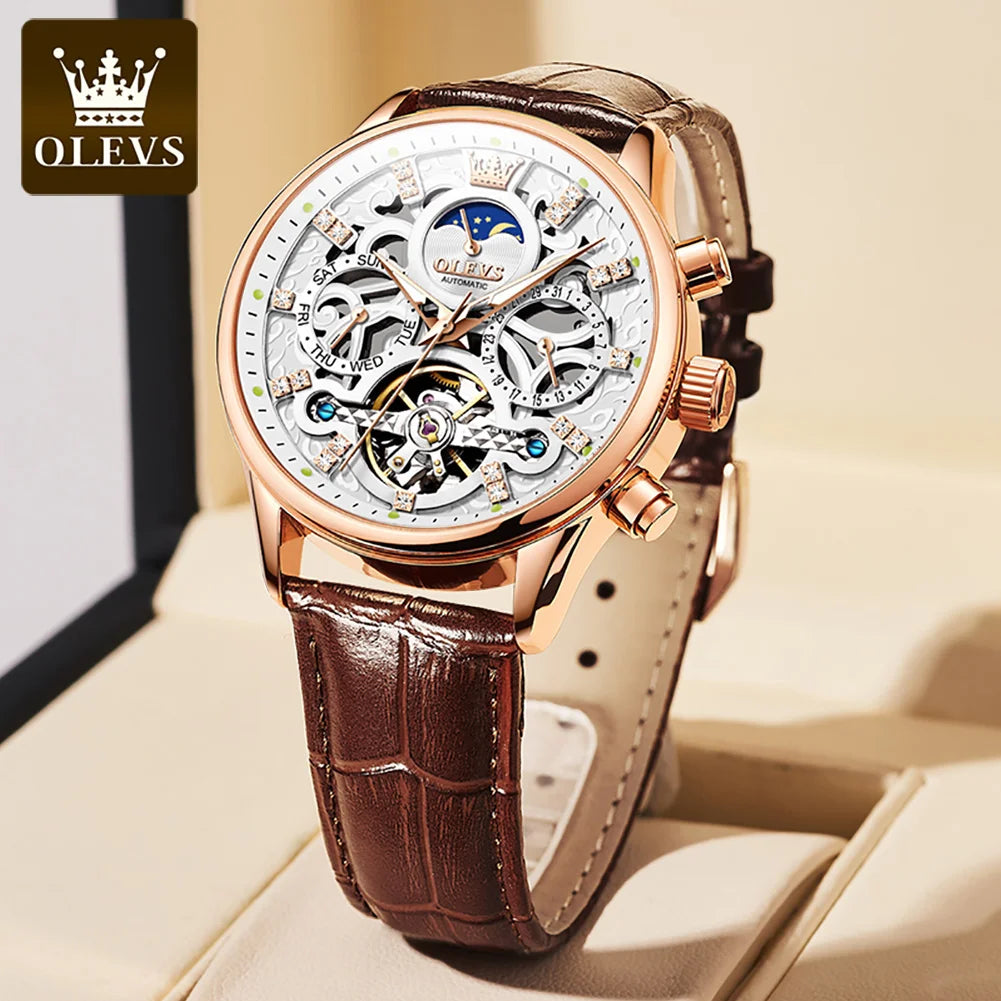 OLEVS 6658 Luxus Skelett-Schwungrad Automatische Mechanische Uhr Moonswatch Wasserdichte Armbanduhr Für Herren Geschenkbox Handuhr