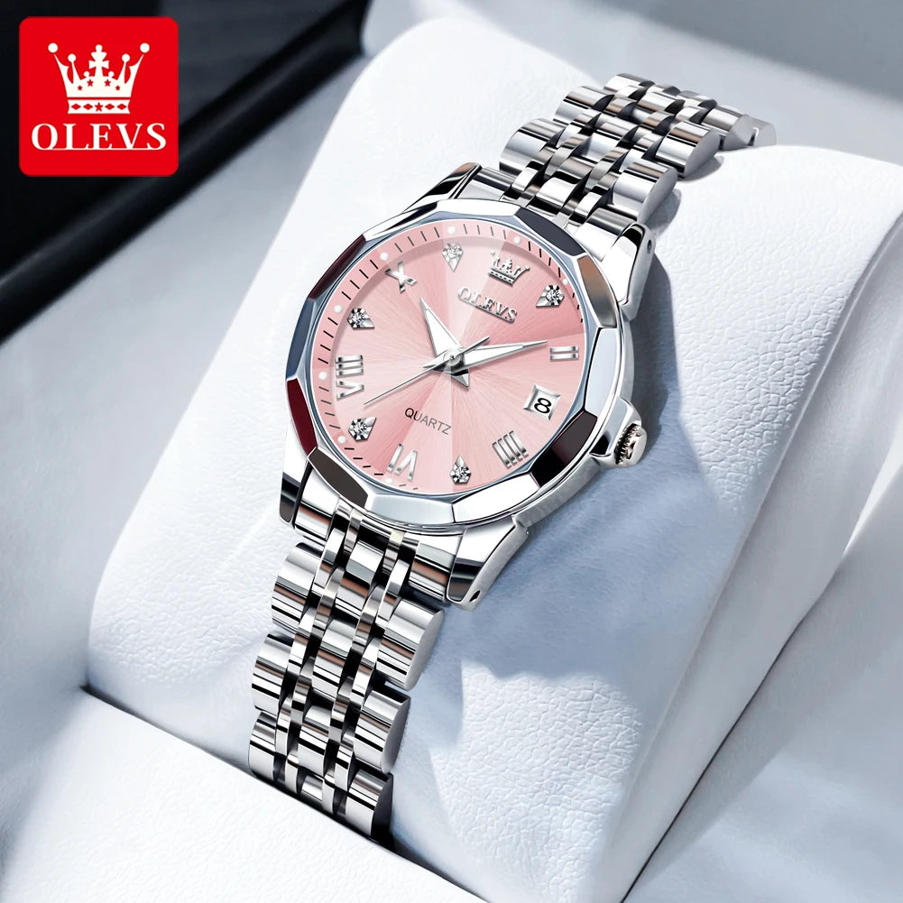 OLEVS 9931 Original Quarzuhren für Damen, Rauten-Spiegel, wasserdicht, leuchtend, Edelstahl-Armbanduhren, Kalender, Neu