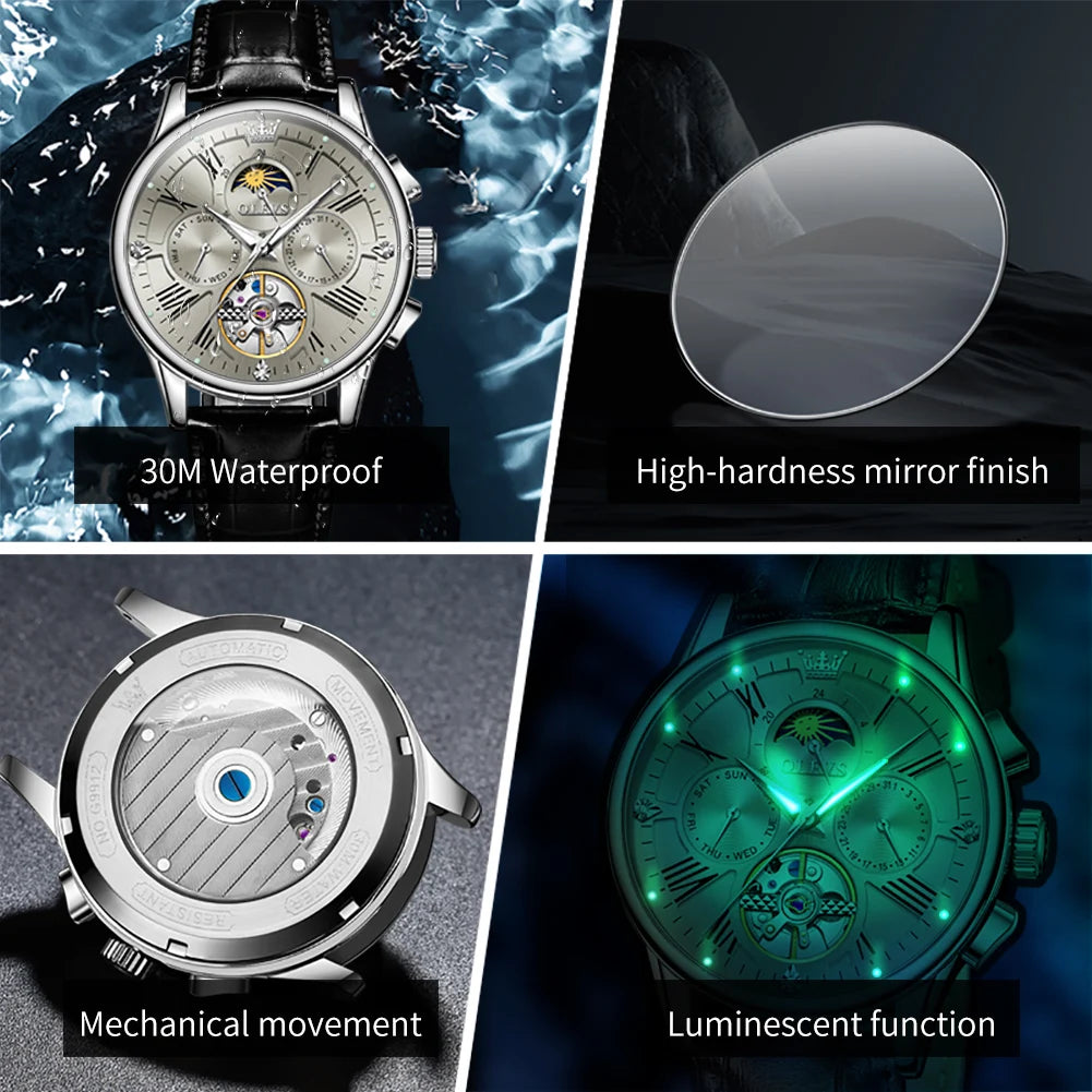 OLEVS Luxus-Herrenuhren Original Fashion Skeleton Automatische mechanische Uhren Wasserdichte Mondphasenuhren für Männer 9912