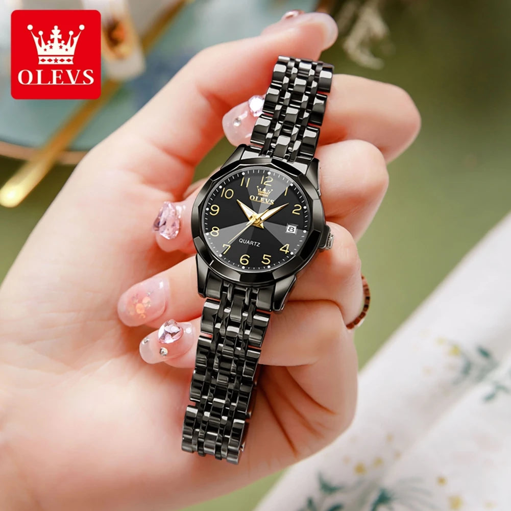 OLEVS 9970 Paar-Armbanduhr für Herren und Damen, luxuriöses Zifferblatt, Rhombus-Spiegel, Quarz-Handuhr, Edelstahl, originale Kleideruhren