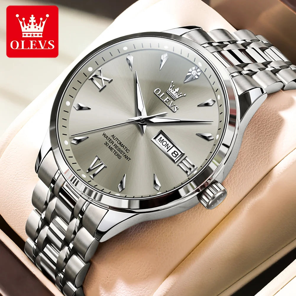 OLEVS 9956 Herrenuhr Stahlarmband Luxus Automatikuhr für Herren Original Mode Wasserdicht Mechanische Uhr Doppelkalender