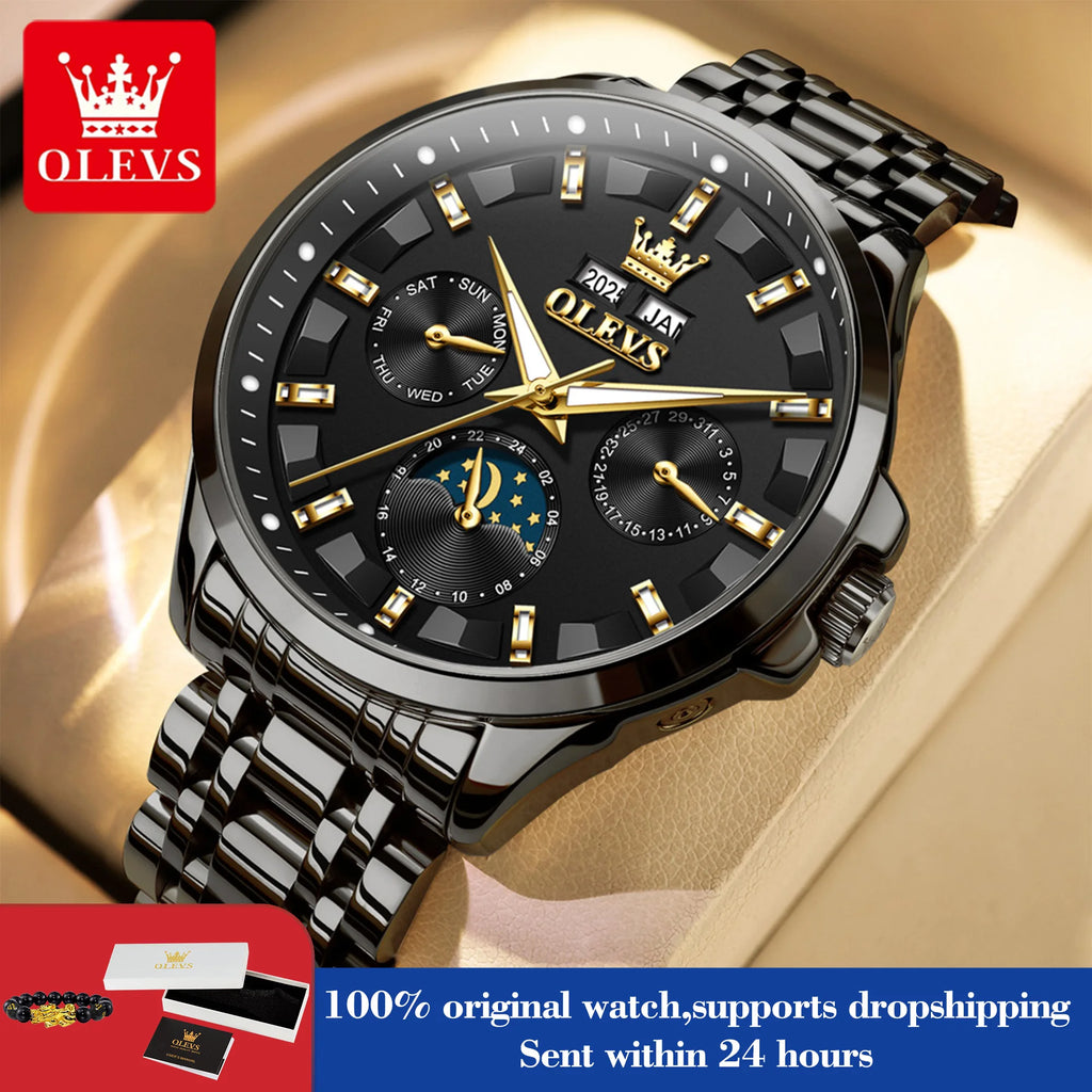 OLEVS 7070 Uhr Herren Original Mechanische Uhr für Männer Mondphase Kalender Wasserdicht Mode Automatische Handuhr Stahlband