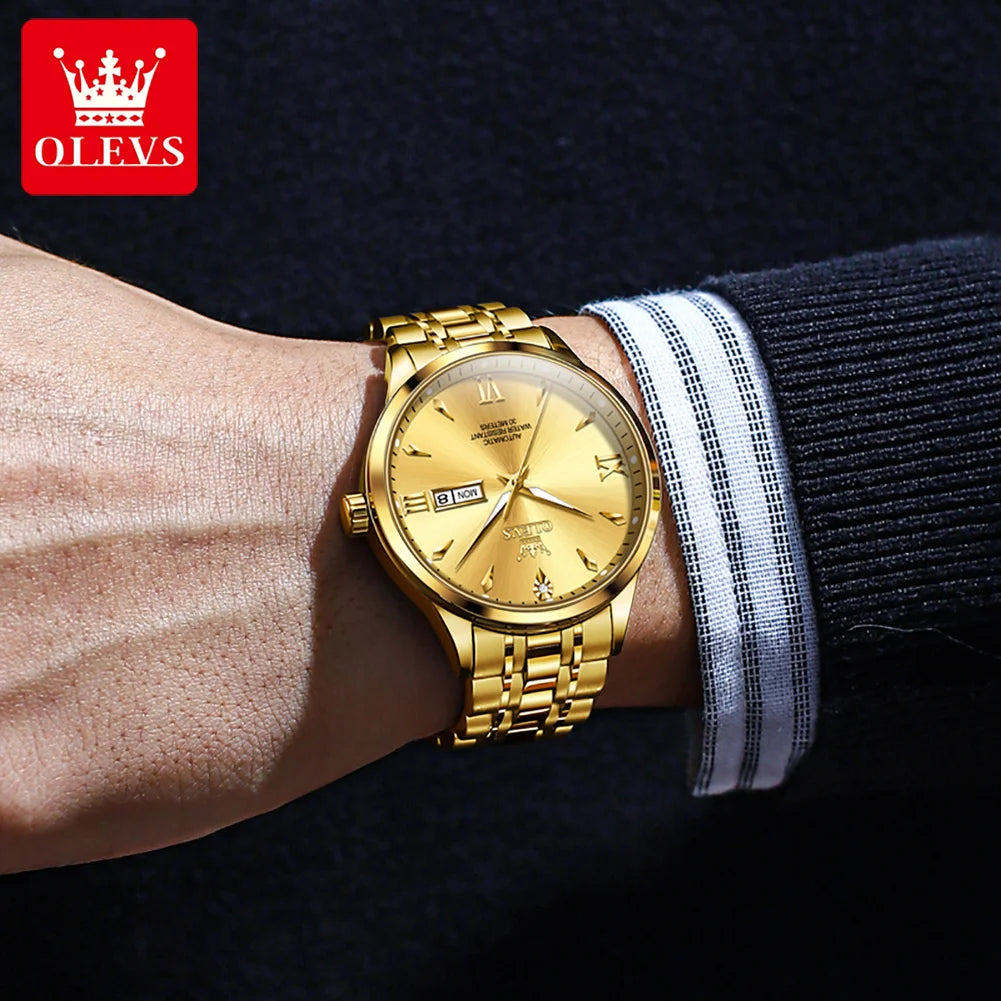 OLEVS 9956 Herrenuhr Stahlarmband Luxus Automatikuhr für Herren Original Mode Wasserdicht Mechanische Uhr Doppelkalender