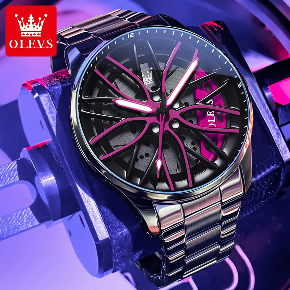 OLEVS Herrenuhr Quarzuhr Original drehbares Radnaben-Zifferblatt Modetrend Wasserdicht Leuchtend Edelstahl Armbanduhr 9937