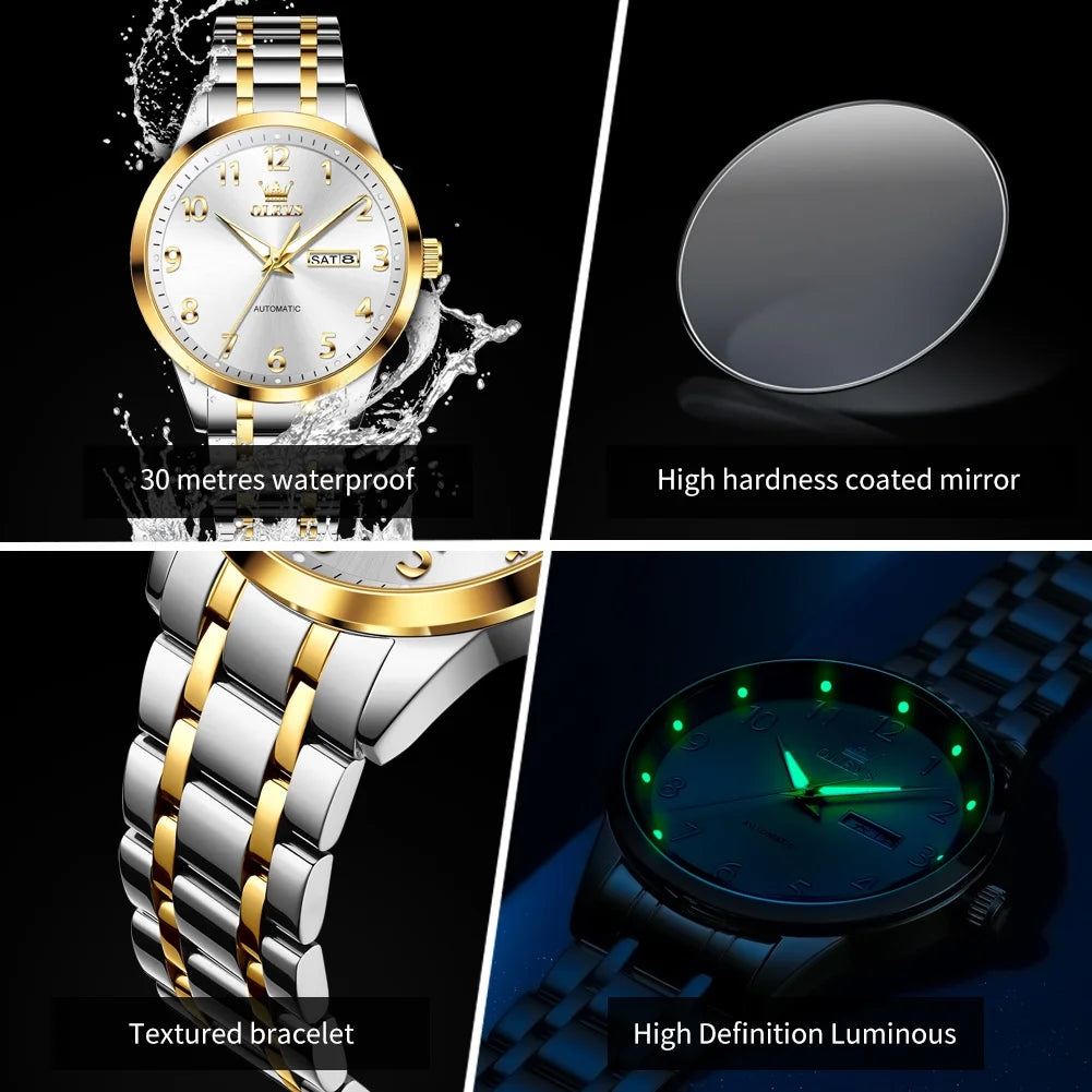 OLEVS 7078 Herren Automatikuhr Top-Marke Doppelte Kalender Mechanische Uhr Für Männer Ziffernblatt Business Armbanduhr Stahlarmband