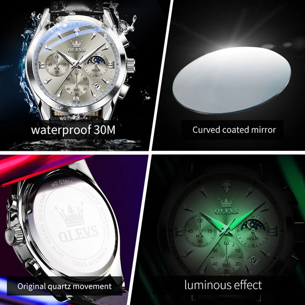 OLEVS 3609 Watch For Men Fashion Calendar Waterproof Luminous Male Hand Clock Chronograph Moon Phase Quartz Business Man Watches