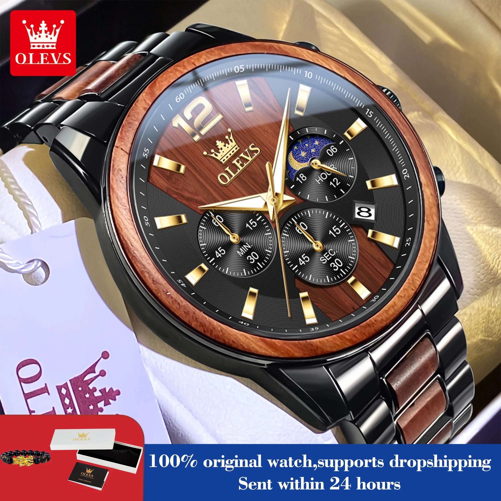 OLEVS 3645 Quartz Watch For Men Fashion Chronograph Steel Wood 44mm Big Dial Hand Clock Moon Phase Waterproof Luminous Man Watch