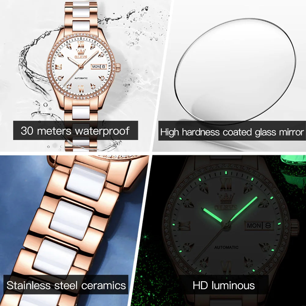 OLEVS 6637 Damenarmbanduhren Wasserdichte Dual-Kalender Mechanische Uhr für Frauen Original Diamant-Skala Leuchtende Luxus-Handuhr