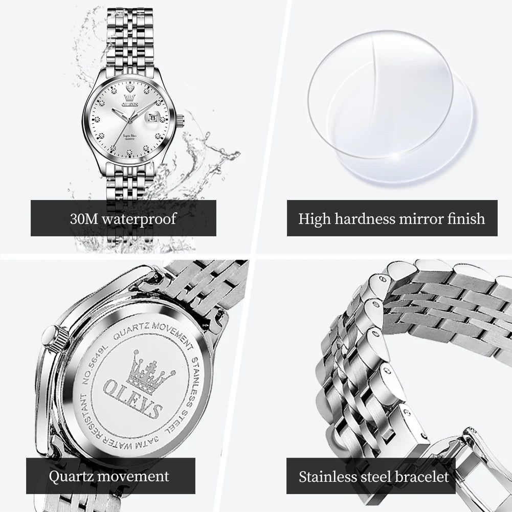 OLEVS 5649 Damenuhr 30M Wasserdicht Datum Quarzuhr Für Frauen Stahlarmband Zirkon Skala Luxus Elegante Damenuhr