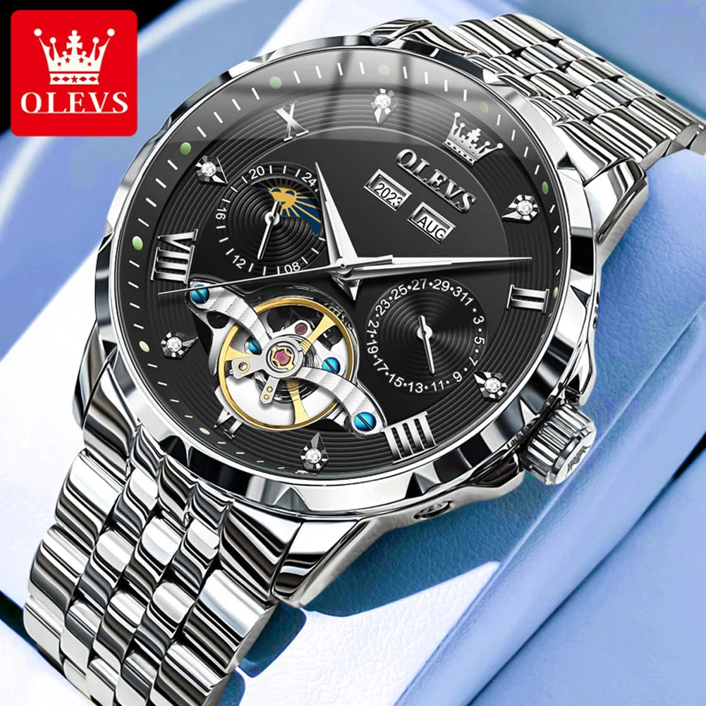 OLEVS 6691 Herrenuhren Luxus Römische Skala Mechanische Uhr für Herren Moonswatch Hohl Schwungrad Kalender Wasserdichte Armbanduhr