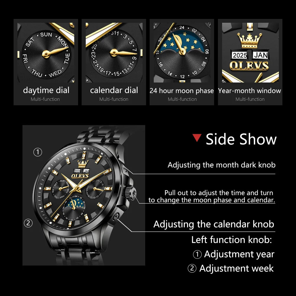 OLEVS 7070 Uhr Herren Original Mechanische Uhr für Männer Mondphase Kalender Wasserdicht Mode Automatische Handuhr Stahlband