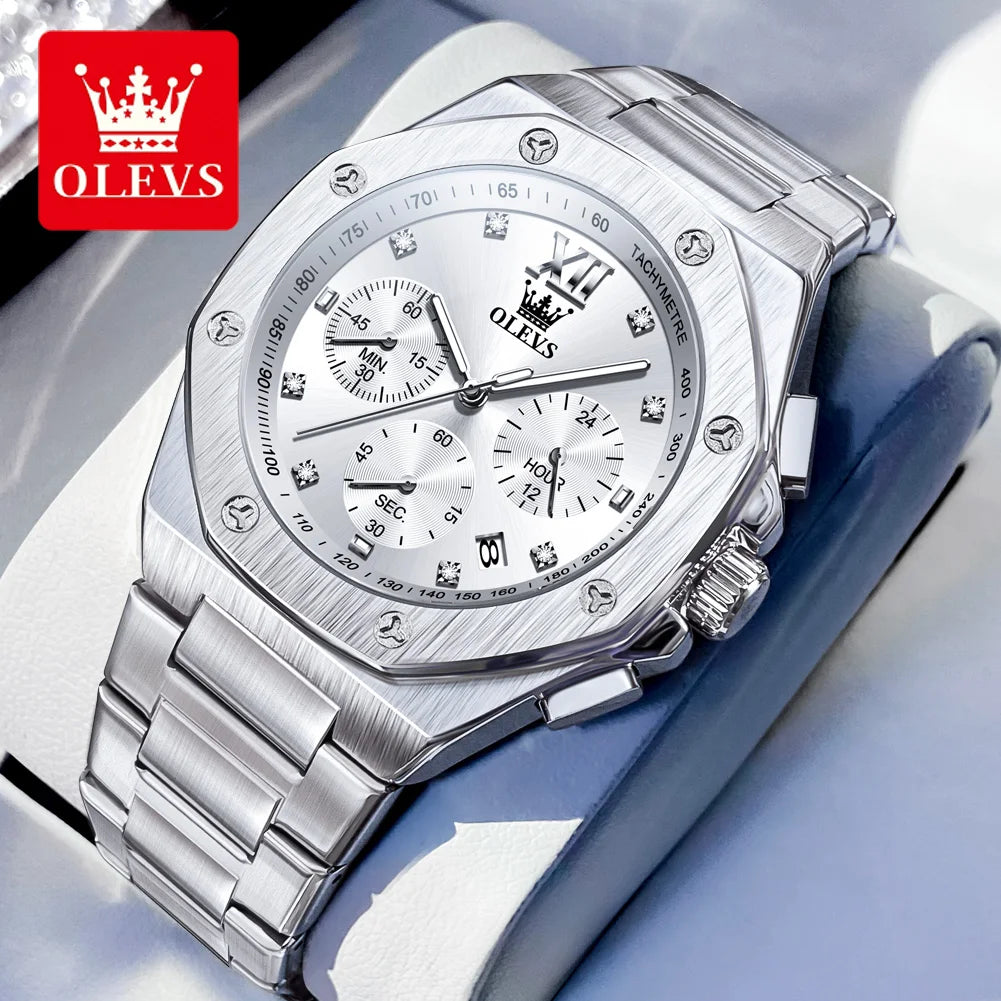 OLEVS 3626 Men's Watch Fashion Chronograph Quartz Watch For Men Auto Date Stainless Steel Luxury Hand Clock Waterproof Luminous