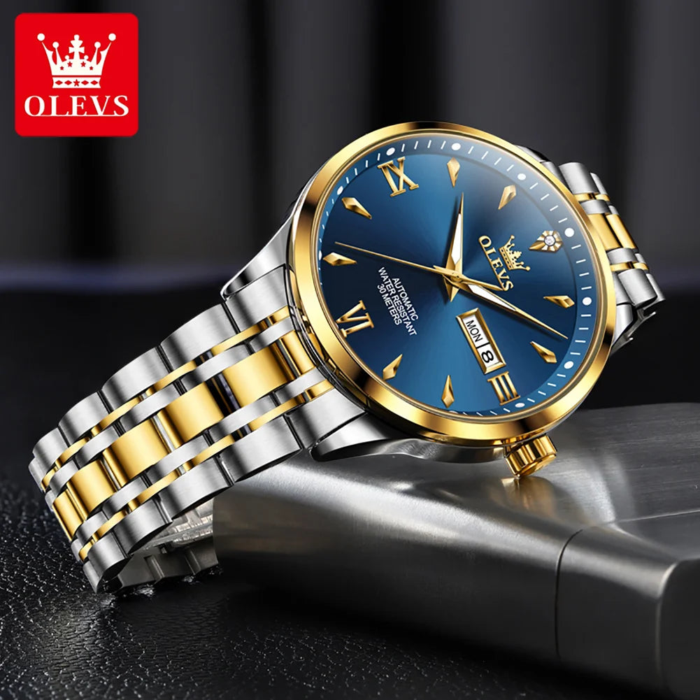 OLEVS Uhr für Herren Mechanische Uhr Großes Zifferblatt Wasserdichte Herren Luxus Original Wochenkalender Geschäftsmann Handuhr 9956 Reloj