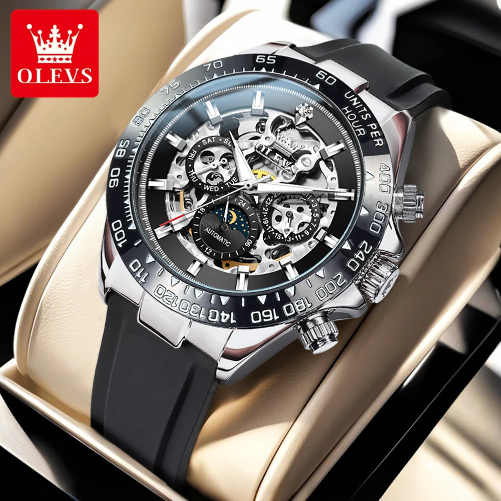 OLEVS 6713 Herrenuhr Hohlmondphase Mechanische Uhr für Herren Wochenkalender Silikonarmband Automatische Handuhr Wasserdicht