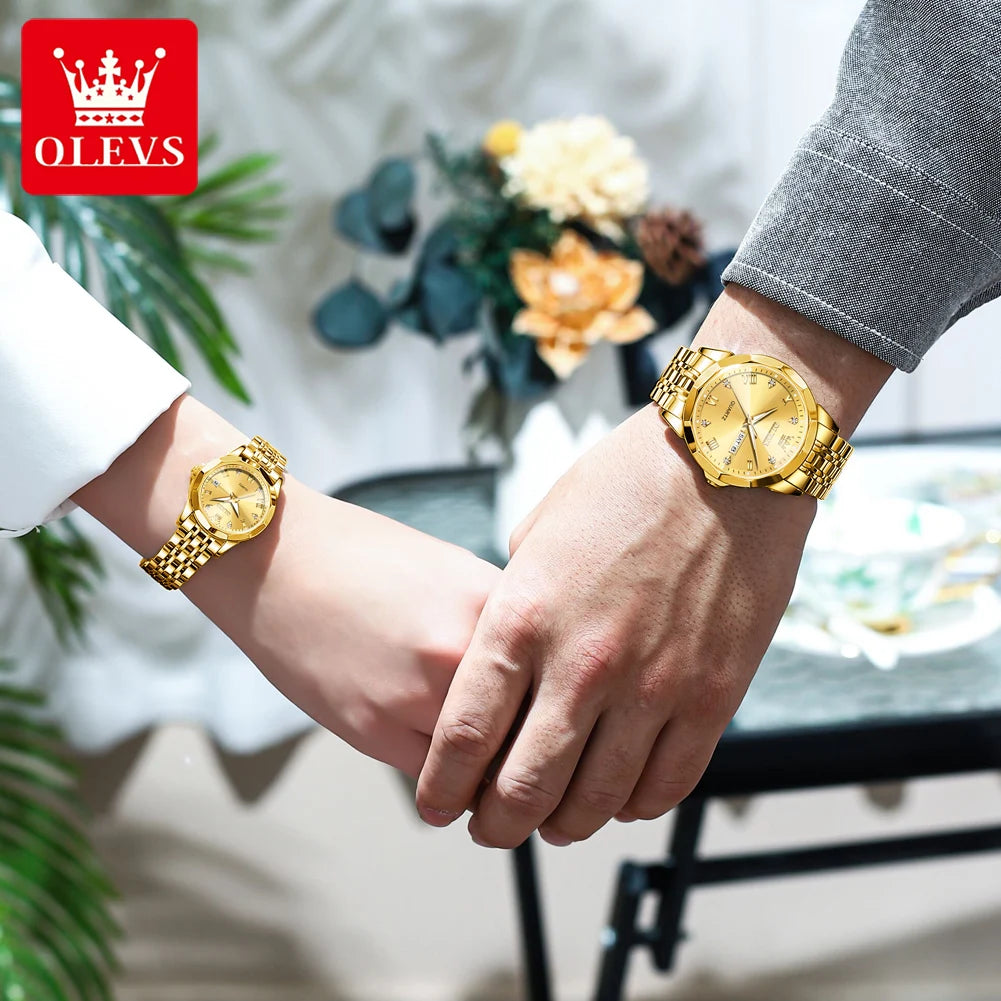 OLEVS 9931 Uhr für Herren und Damen Römische Skala Quarz-Paaruhr Rhombus-Spiegel Automatisches Datum Armbanduhr Luxus Wasserdichte Handuhr
