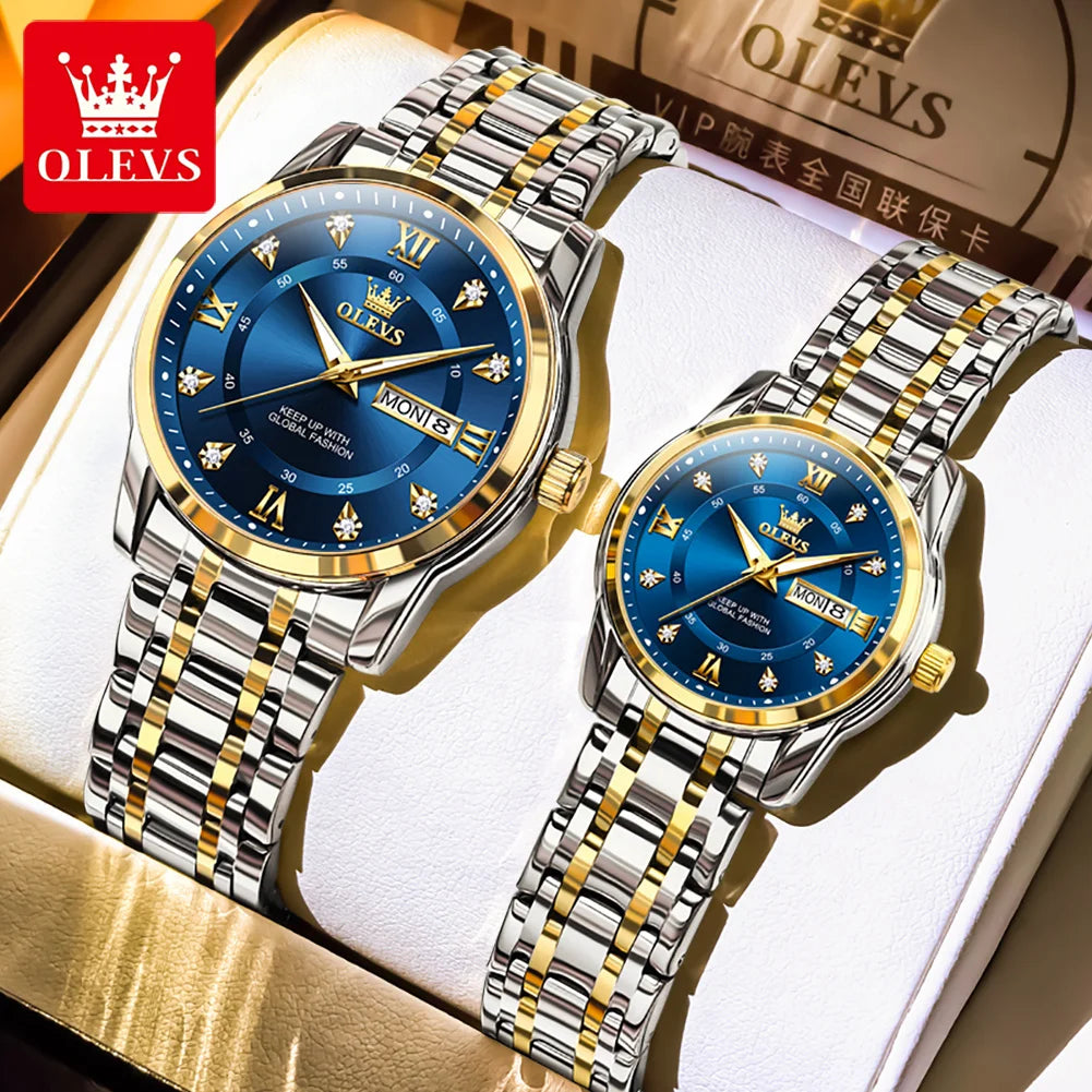 OLEVS 5513 Paar Uhren Luxus Dual-Kalender Quarzuhren für Männer Frauen Original Wasserdicht Leuchtende Diamant-Skala Zeigeruhr