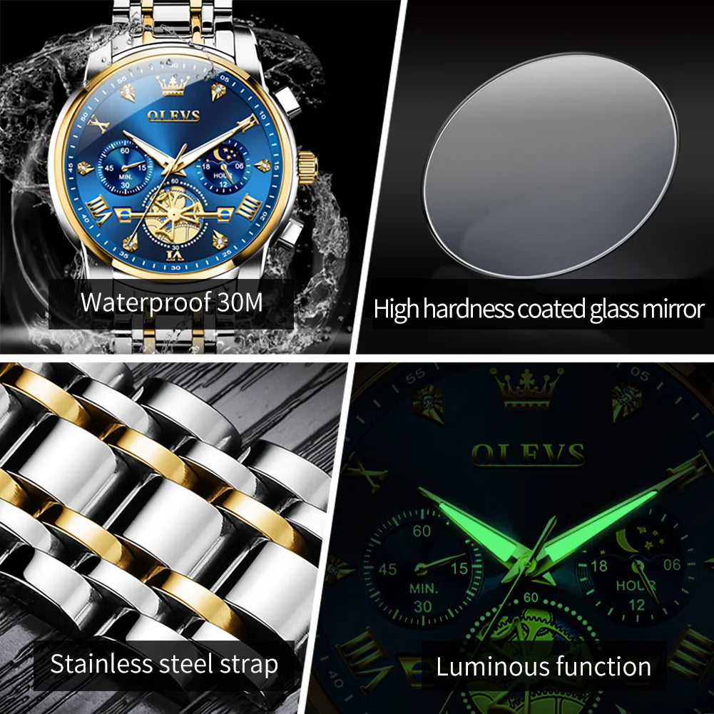OLEVS 42mm Herrenuhr mit großem Zifferblatt, Mondphase, 24-Stunden-Anzeige, wasserdichte Quarz-Herrenarmbanduhr, Original Luxus Armbanduhr 2856