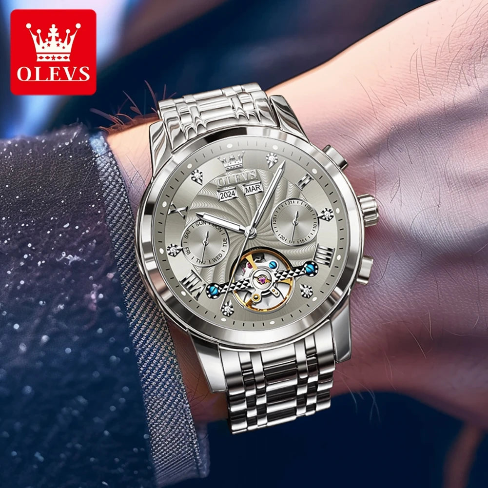 OLEVS 7088 Herrenuhr Mode Kalender Mechanische Uhr für Herren Original Hohl-Stahlarmband Business Armbanduhr Tief Wasserdicht