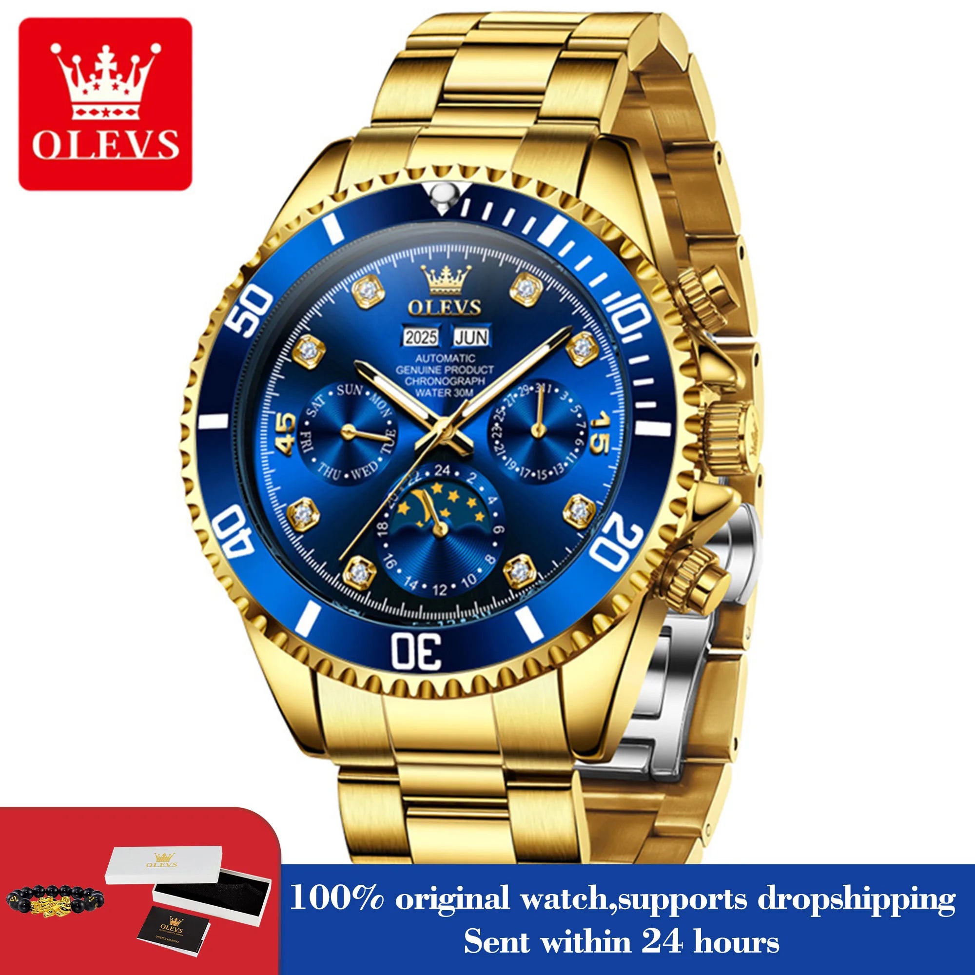 OLEVS 6729 Herren Automatikuhr Luxus Business Mondphase Mechanische Uhr für Herren 30M Wasserdicht Kalender Original Handuhr